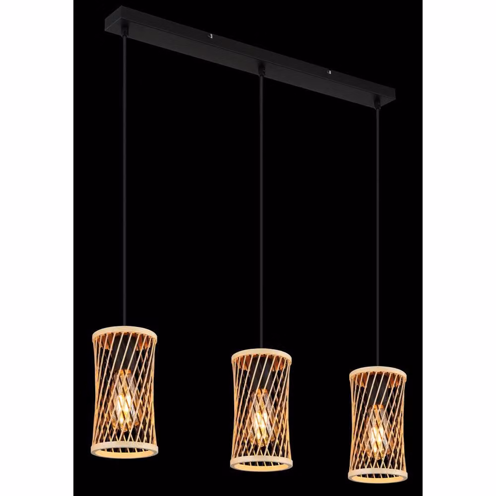 Netlighting Mali Bar Pendant Ceiling Light in Matt Black with Bamboo and Rattan Details, 3x E27 – 2