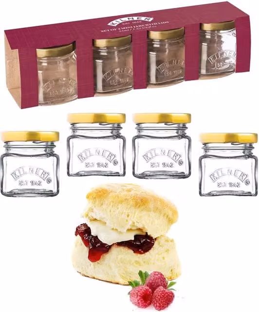 Kilner Set of 4 Mini Square Glass Jars with Screw Lids, 55 ml, Clear