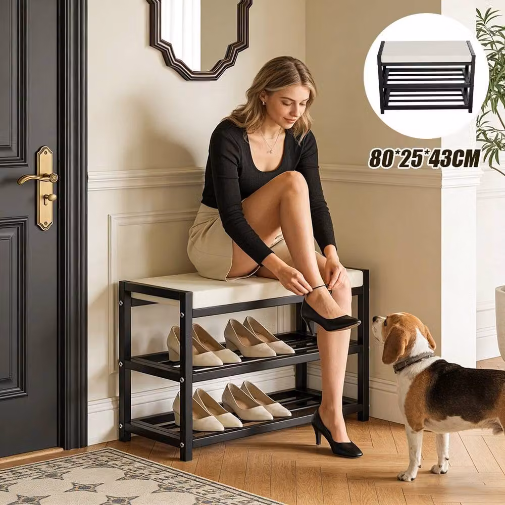 Nordara Grey Shoe Bench Stool and Storage Rack, W: 80 cm, D: 25 cm, H: 43 cm – 4