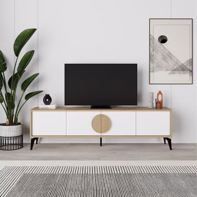 Decortie Modern TV Unit with 4 Doors in Oak and White, W/D/H: 180 x 50.8 x 35.7 cm