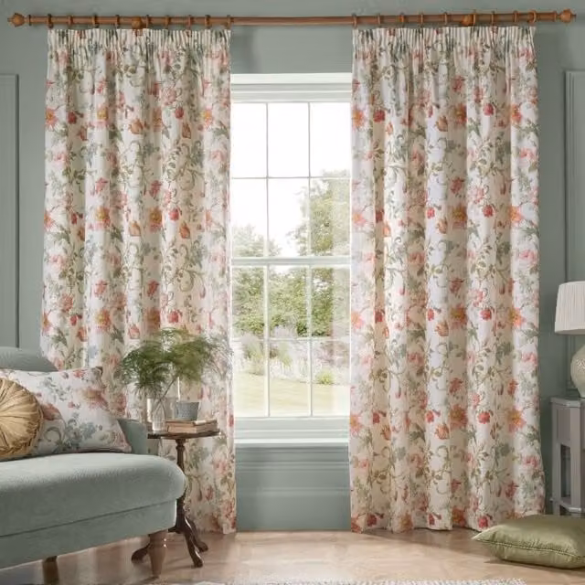 Laura Ashley Rosalind Ready Made Pencil Pleat Floral Curtains in Pale Cranberry
