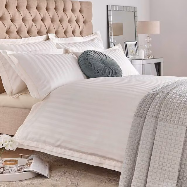 Laura Ashley Shalford Classic Striped Mako Satin Cotton Duvet Cover and Pillowcase Set in Beige and White