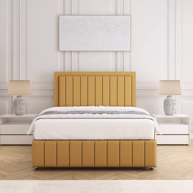 BSSPOKE Sophia Small Double Divan Bed Set with Headboard and Mattress in Mustard Yellow Plush Velvet, W/D/H: 120 x 200 cm
