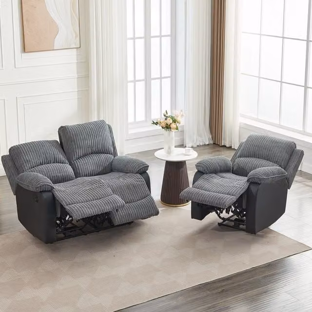 Furniture One Grey Corduroy Sectional Recliner Sofa Set
