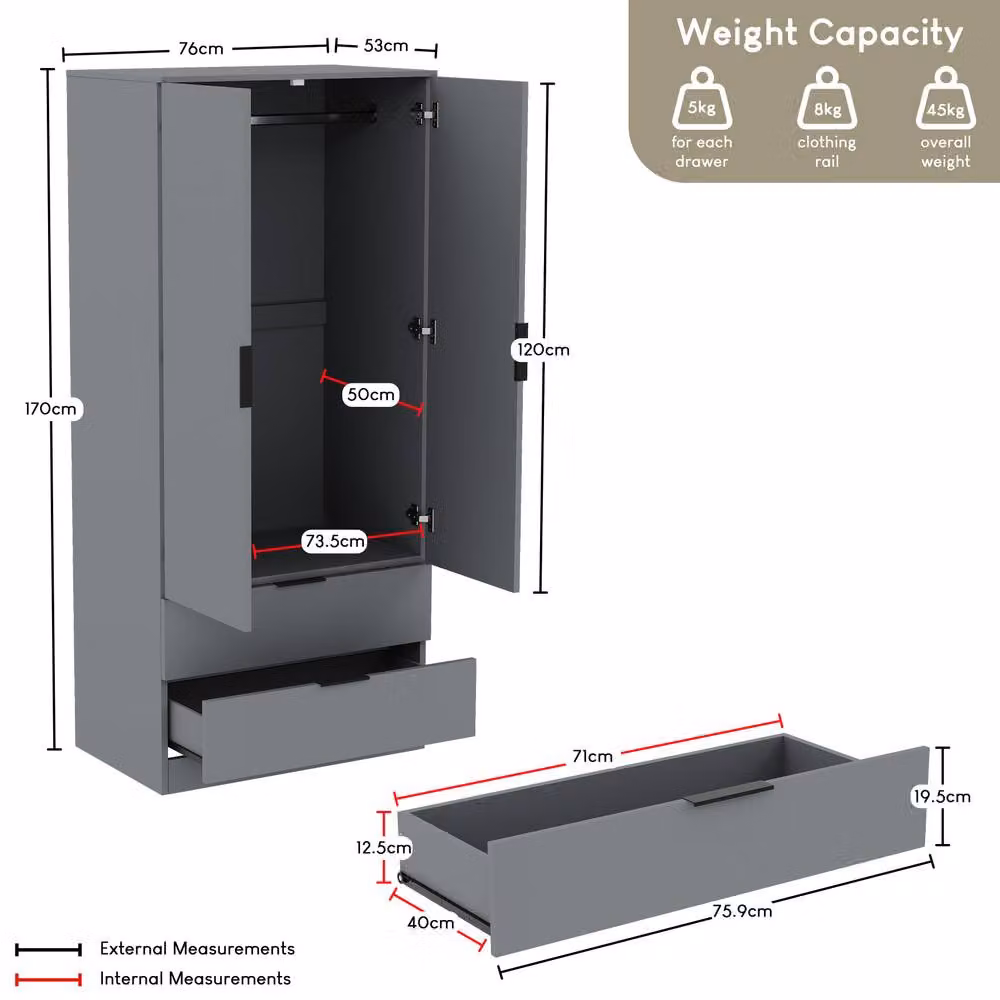 HD Designs Trega Modern 2 Door 2 Drawer Wardrobe in Matt Grey with Hanging Rail and Internal Shelves – 2