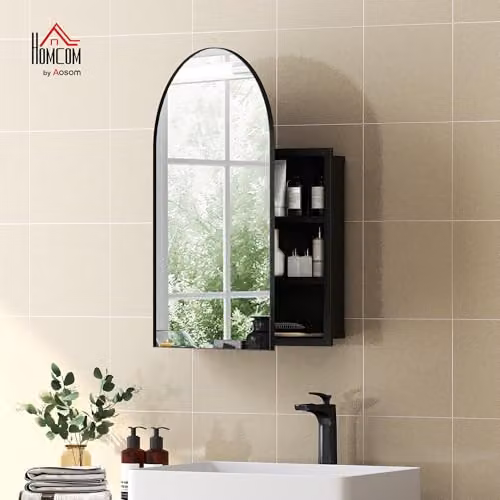 HOMCOM Modern Wall Mounted Bathroom Mirror Cabinet with Hinged Glass Doors and Internal Shelves, Black, W: 50 cm, H: 76 cm, D: 12 cm – 2
