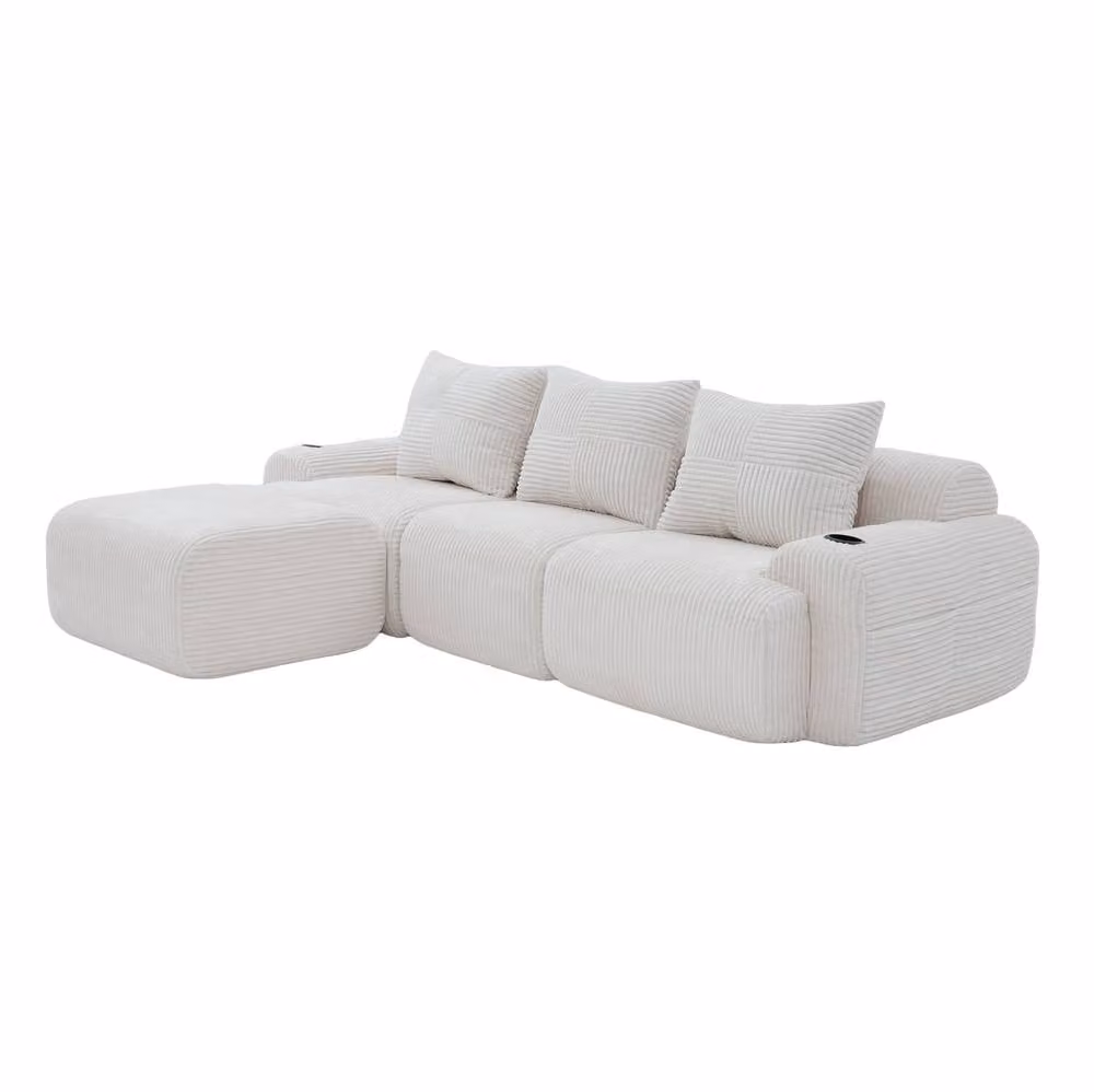 STILVORA Reversible L-Shape 3-Seater Modular Sofa in Beige with Cup Holders and Storage Pockets – 2