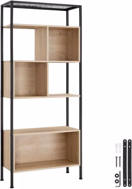 tectake Hastings Free Standing Shelf with 5 Tiers and 3 Storage Compartments in Light Brown