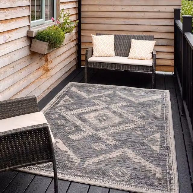 The Rug House Moroccan Grey Tribal Outdoor Weatherproof Rug, W/D: 230 x 160 cm