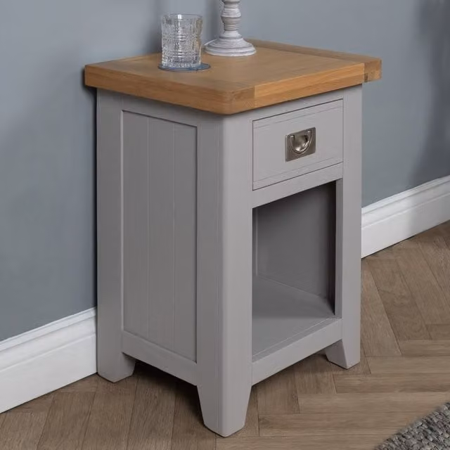 Elm Home And Garden Classic Lacquered Oak Bedside Table in Grey