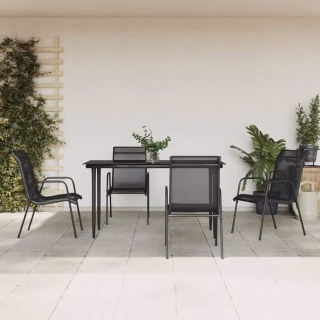 Berkfield Home 5 Piece Modern Garden Dining Set in Black Matt Powder Coated Steel and Textilene with Glass Tabletop – 1