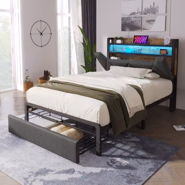 Aosom UK Grey Upholstered Single Storage Bed with LED Lighting, USB Type-C Charging and Drawers, W/D/H: 92 x 208 x 110 cm