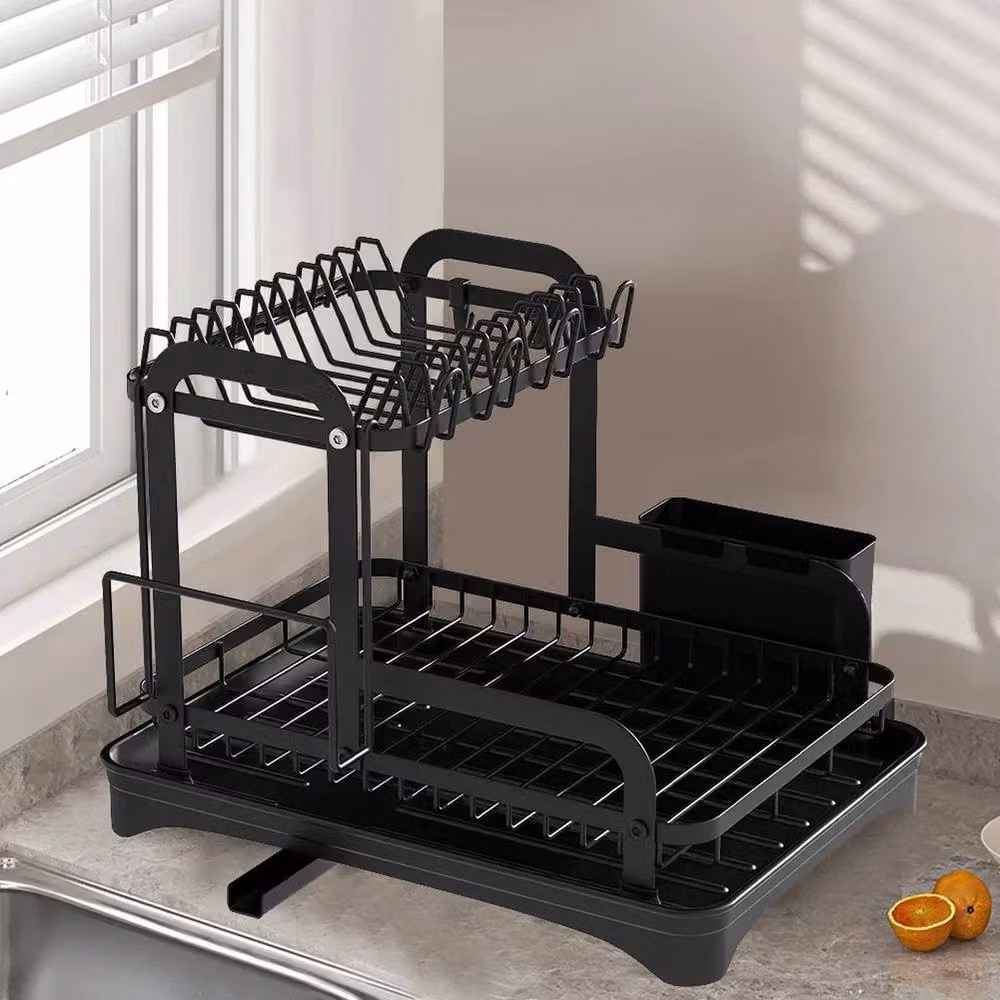 NESTLUNE 2 Tier Black Dish Drainer Rack with Cutlery and Cup Holder – 6