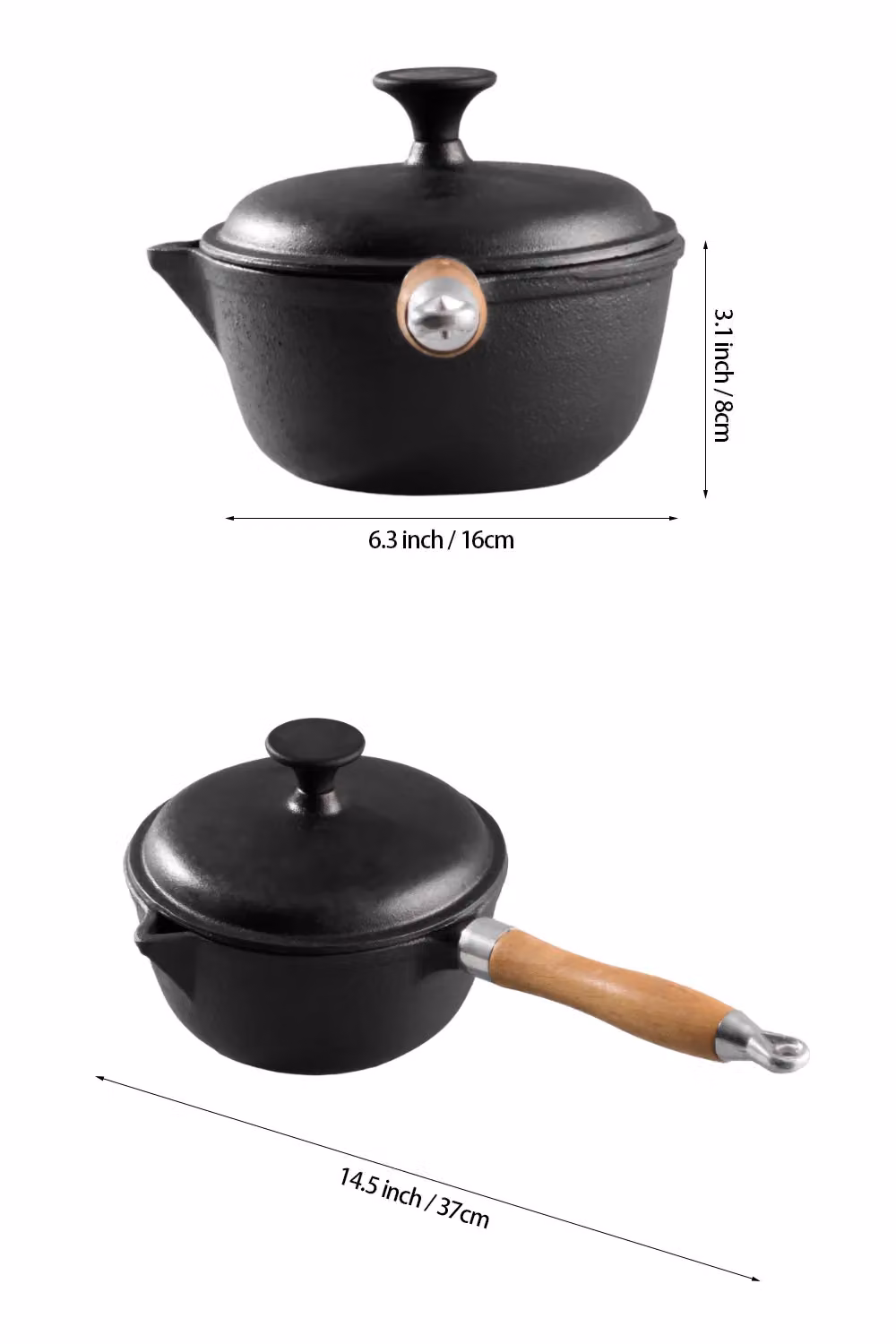 Living and Home Black Cast Iron Stockpot with Lid, Pouring Spout and Removable Handle, 16 cm – 4