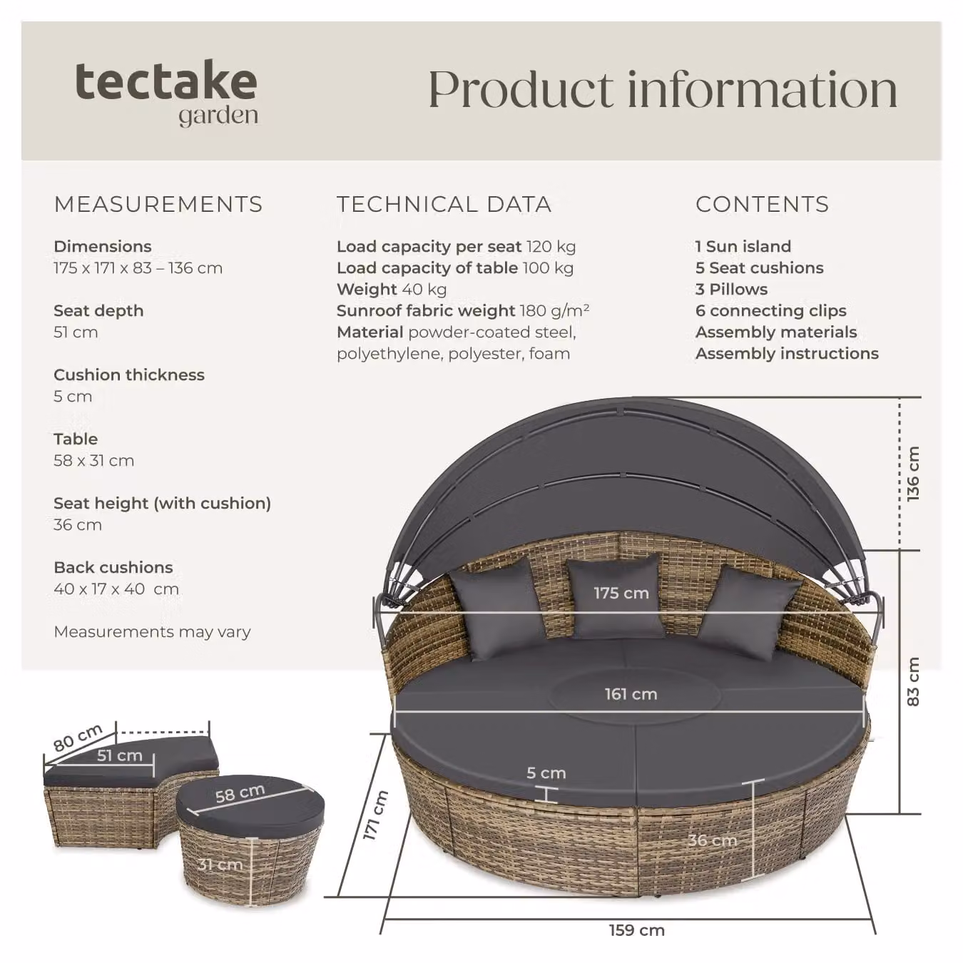 tectake Santorini Modular Garden Sun Lounger Set with Shade Canopy in Sand Beige for 4 Adults – 6