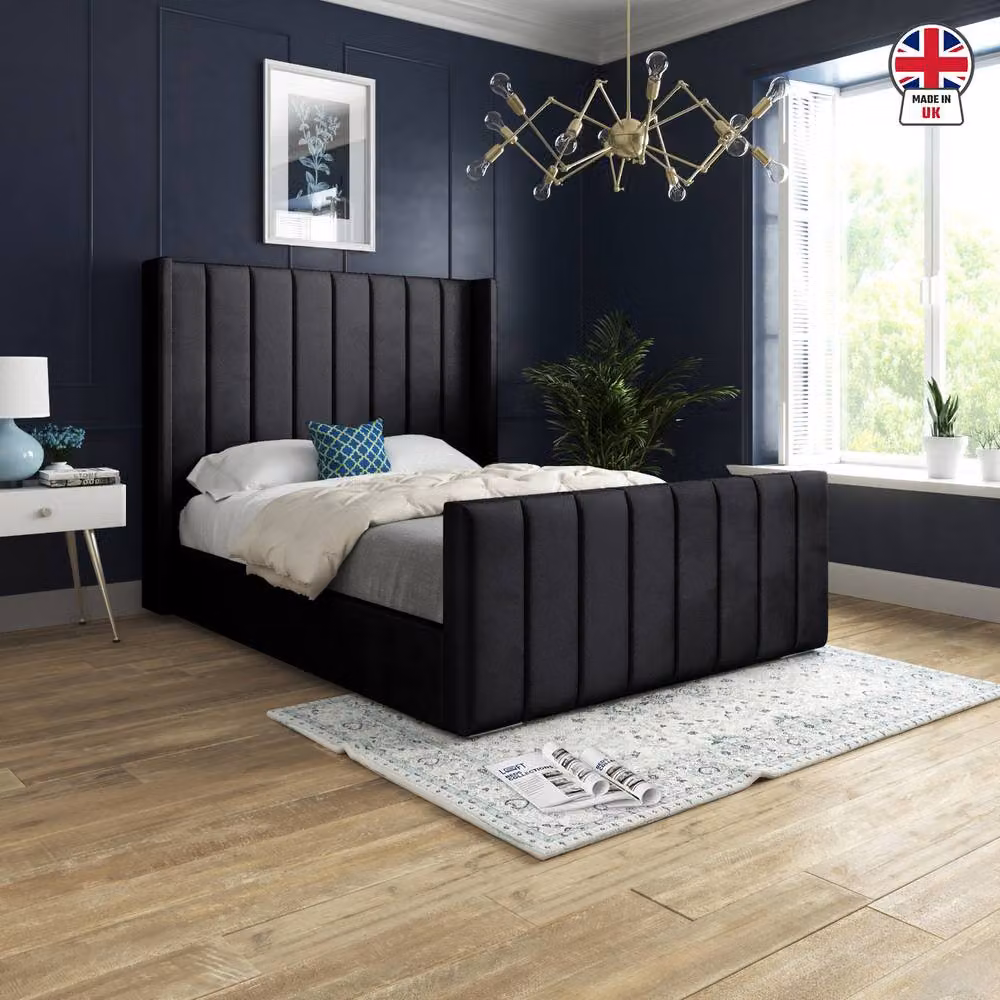 KDMD Sturminster Winged Upholstered Designer Bed Frame in Black Soft Velvet, Size: Single (90 x 190 cm) – 3