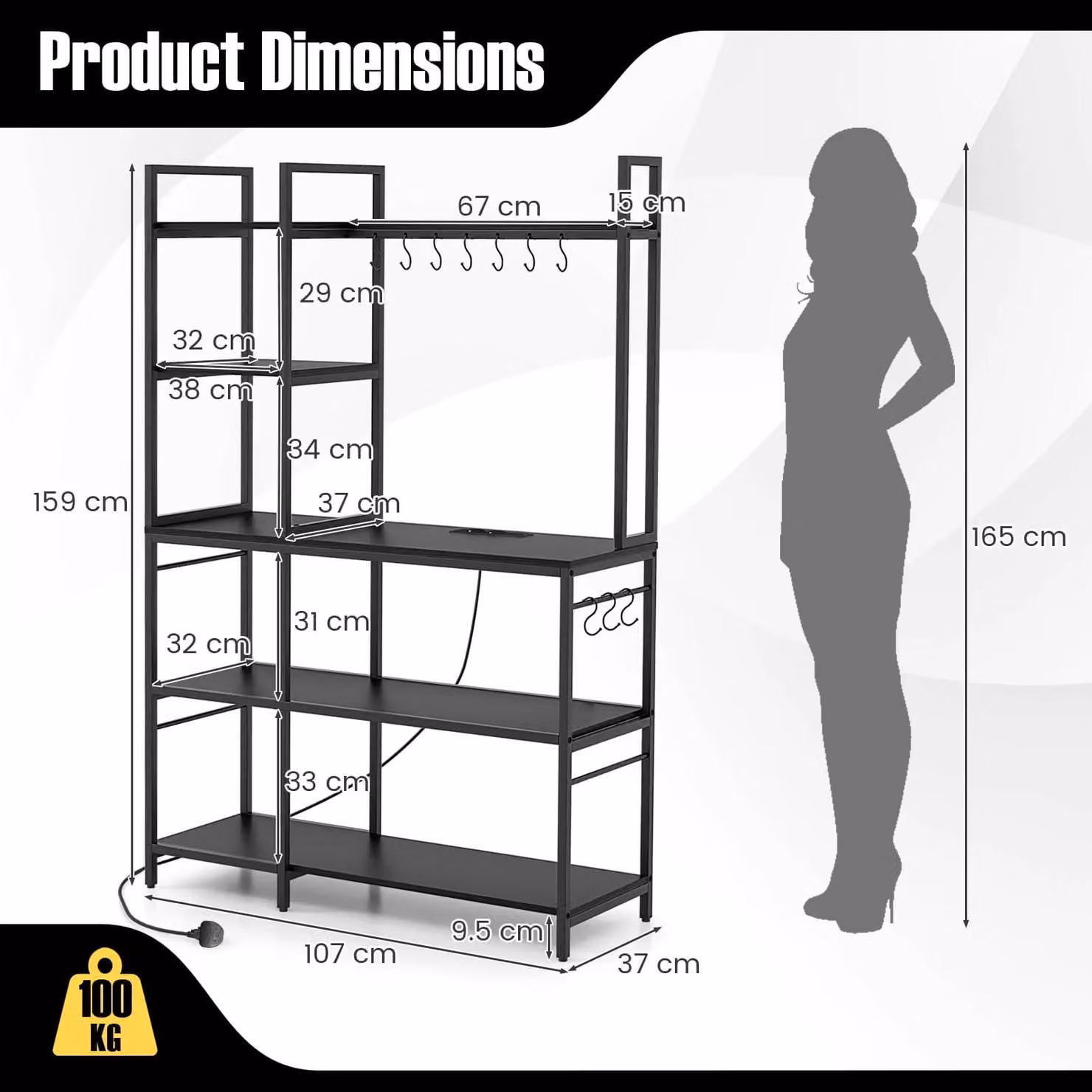 Costway 5-Tier Bakers Rack and Coffee Bar Table in Black, Height: 159 cm – 3