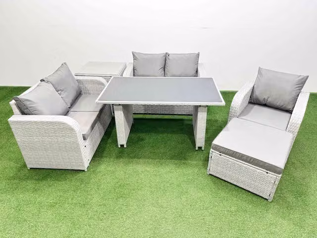 Fimous 6 Seater Outdoor Furniture Set in Light Grey with Love Sofa, Big Stool and Side Table