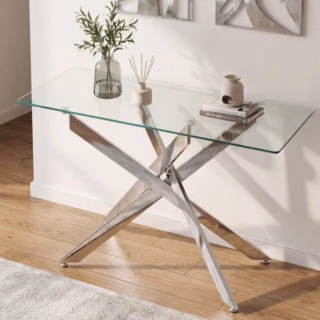 Costway Modern Glass Console Table with Silver X-Frame and Clear Tempered Glass Top, Width: 115 cm – 1