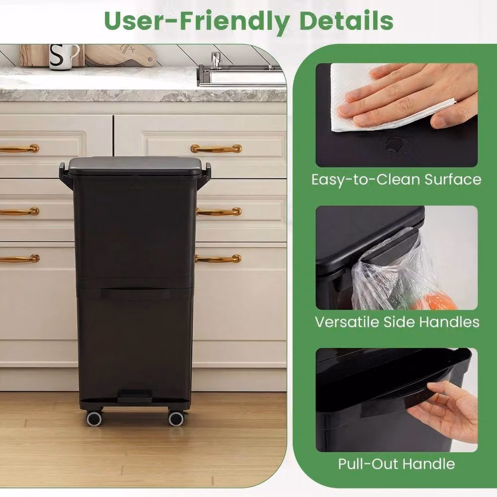 VOGREX 36L Mobile Trash Can with 2 Bins and Tilt Compartment in Black – 3