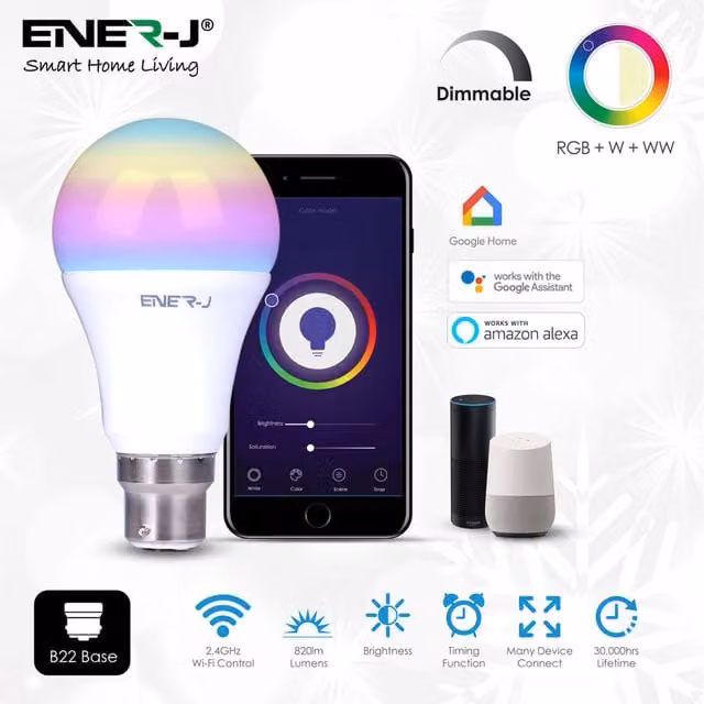 Enerjsmart Smart Wi-Fi GLS LED Lamp B22, 9W, RGBW Multicolour, Dimmable