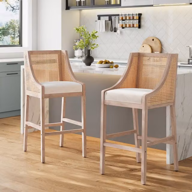 Komore Set of 2 Beige Rattan Bar Stools with Cushions