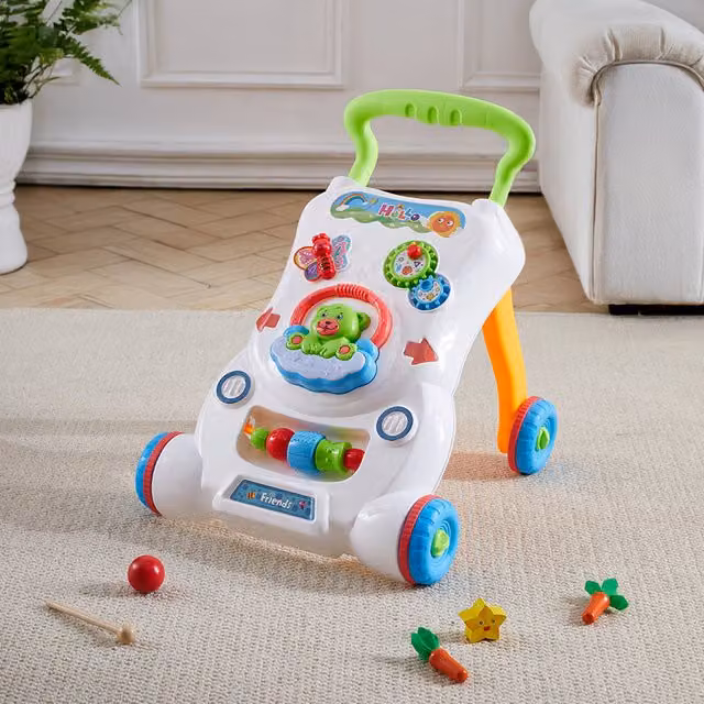Komore White and Green Baby Push Along Walker Toy with Music