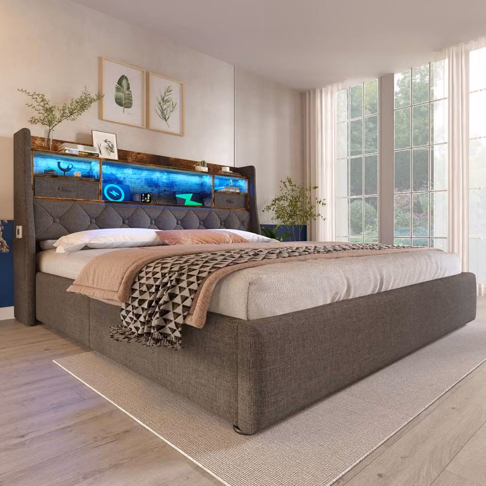 ModernLuxe Grey Upholstered Ottoman Bed with LED Lighting, USB Charging Port and Storage Headboard, W/D/H: 140 x 200 cm – 8