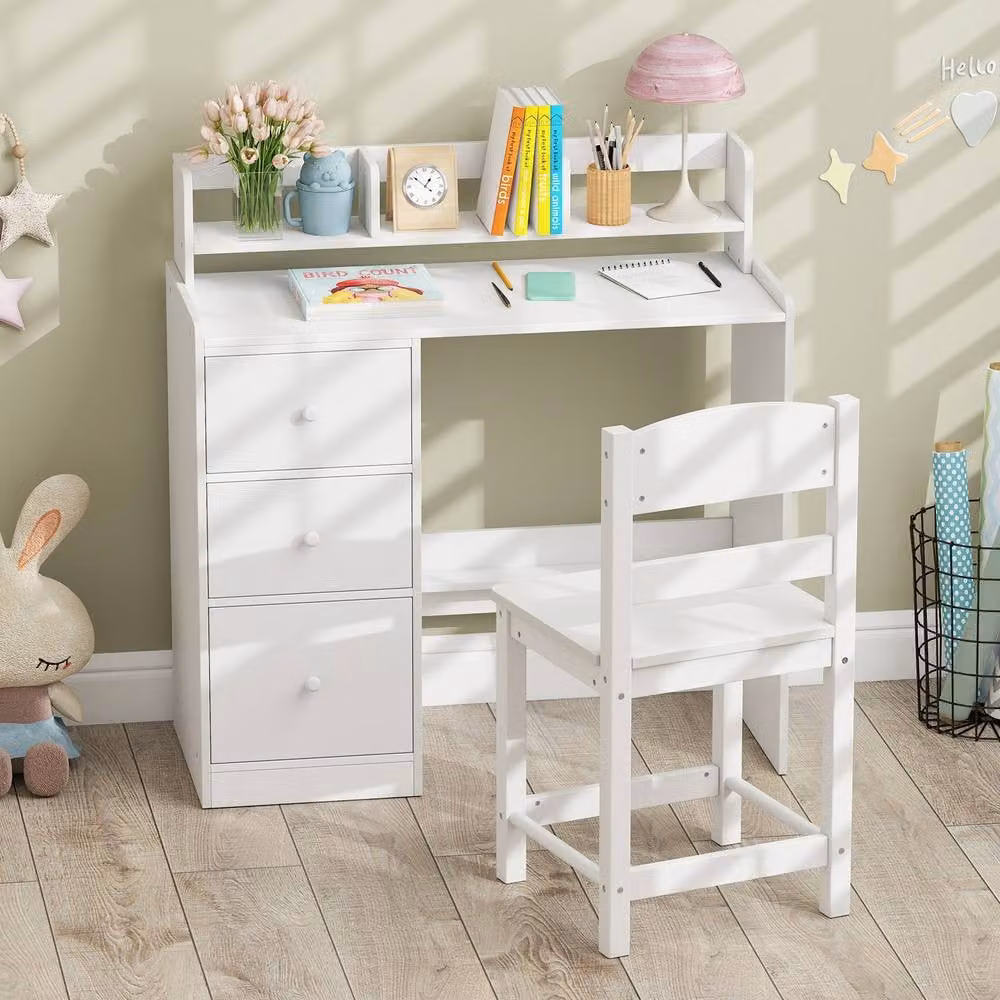 Costway Kids Study Desk and Chair Set with Hutch and Storage Shelf in White – 2