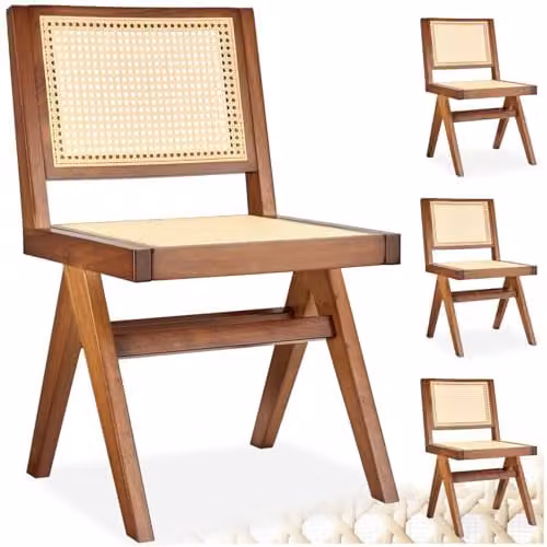 tectake Set of 4 Mid-Century Modern Dining Chairs with Solid Wood Frame and Viennese Wickerwork in Dark Brown