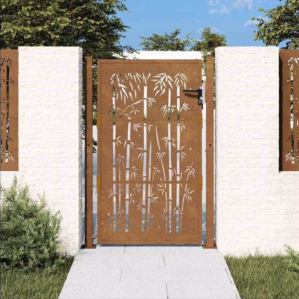 Berkfield Home Beautiful Garden Gate, Brown Corten Steel with Bamboo Design, W: 105 cm, H: 130 cm – 1