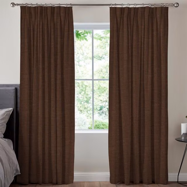 Simply Collection Fae Textured Plain Blackout Eyelet Fabric Panel Curtains in Brown