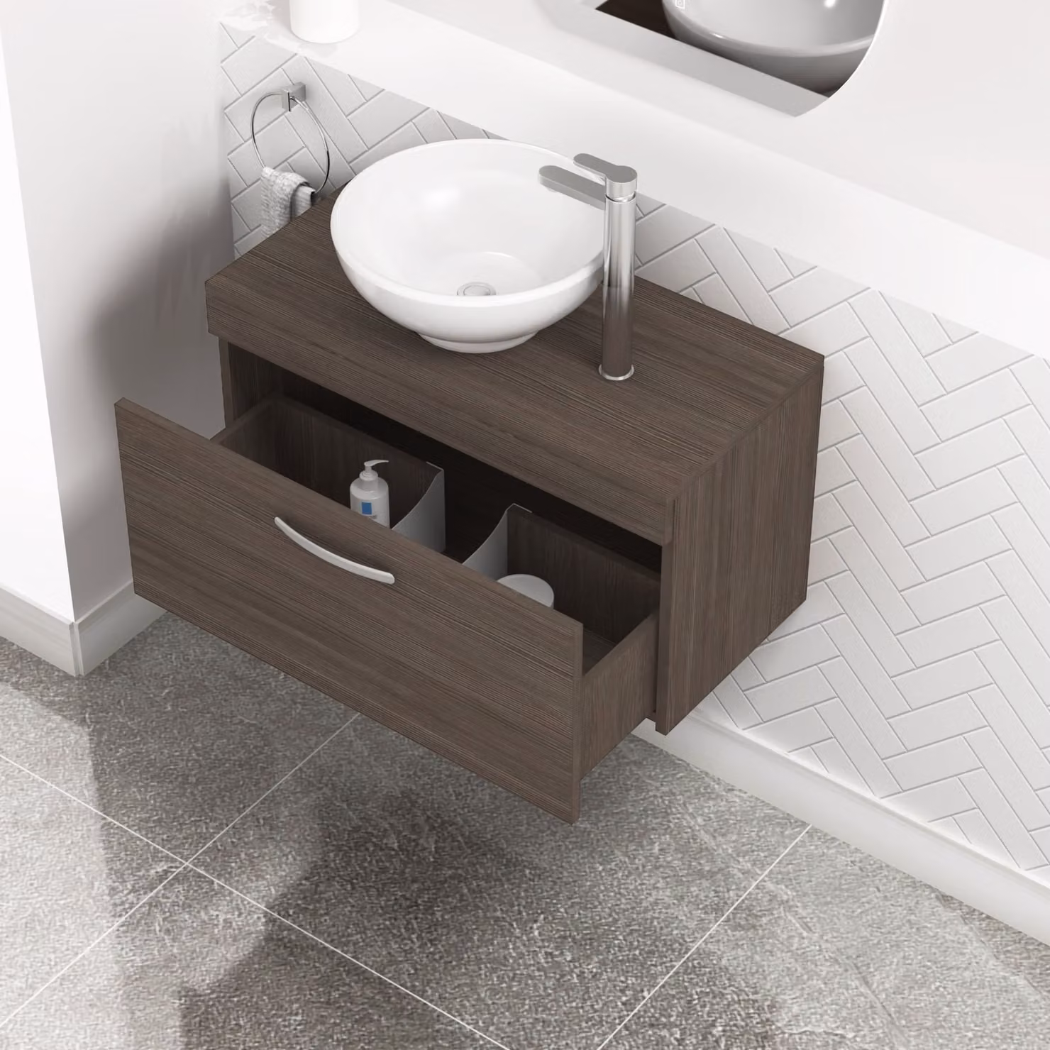 Royal Bathrooms Turin Grey Elm Wall Hung 1-Drawer Unit and Round Countertop Basin Set