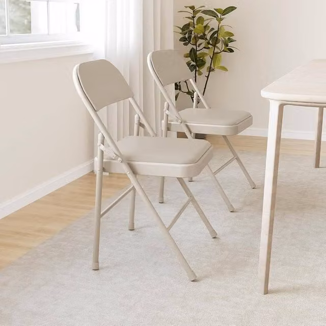 London Boutique Set of 2 Beige Upholstered Folding Dining Chairs, Stackable Padded Accent Chairs