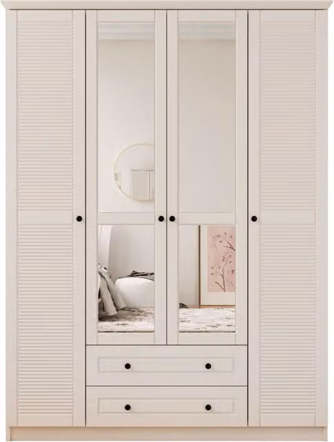 EVUHOME VOLET XL White Mirrored Wardrobe with 4 Doors and 2 Drawers, H 210 cm x W 140 cm x D 52 cm
