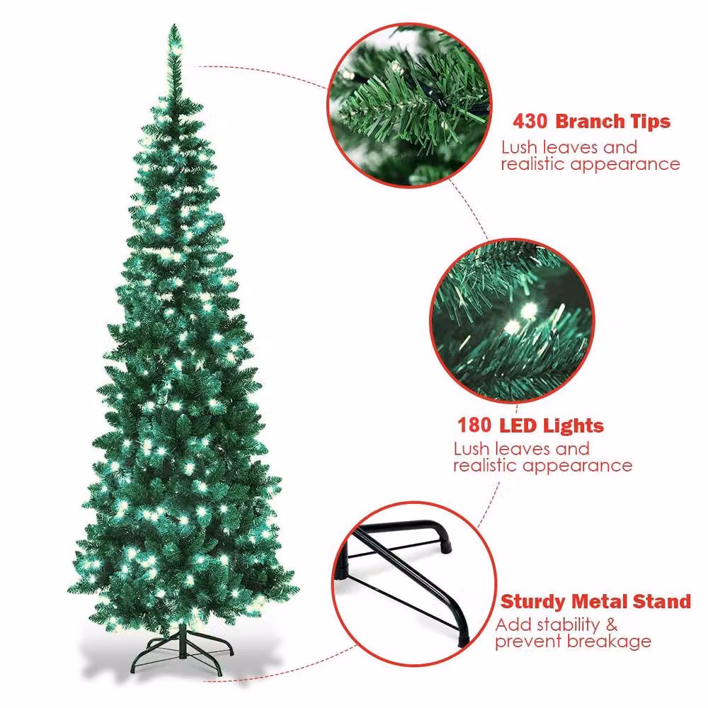 Shatchi Pre-Lit Artificial Slim Green Pencil Christmas Tree with Cool White LEDs and Metal Stand, 6ft – 3