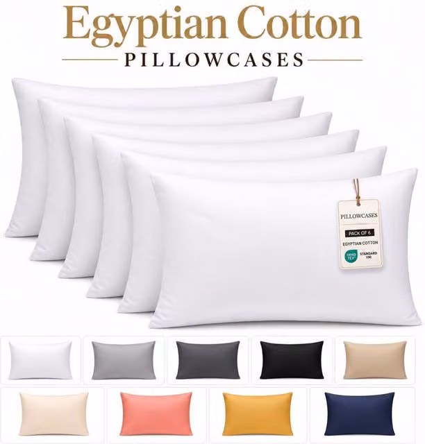 Pamposh Pack of 6 White Egyptian Cotton Pillowcases with 400TC Mako Satin and Envelope Closure
