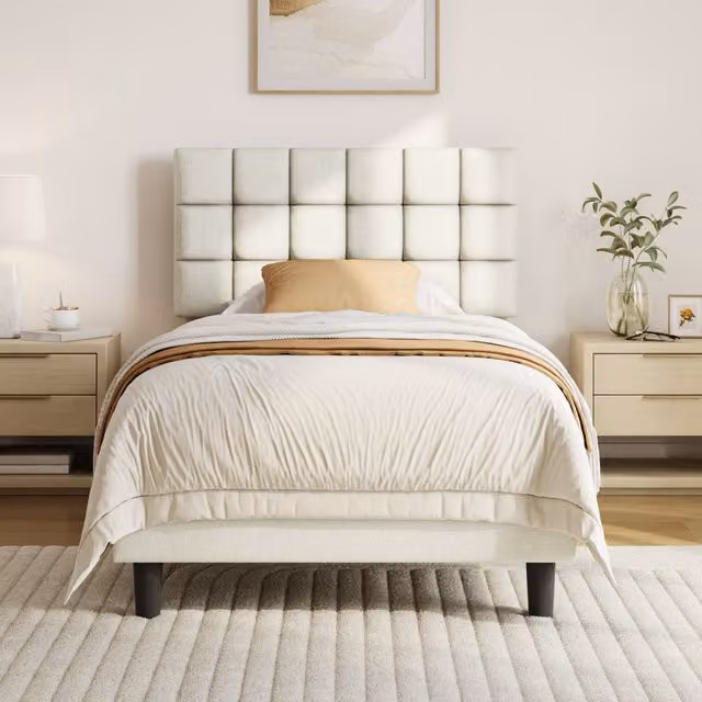 Yaheetech Modern Upholstered Platform Bed with Square Tufted Headboard in Beige Fabric