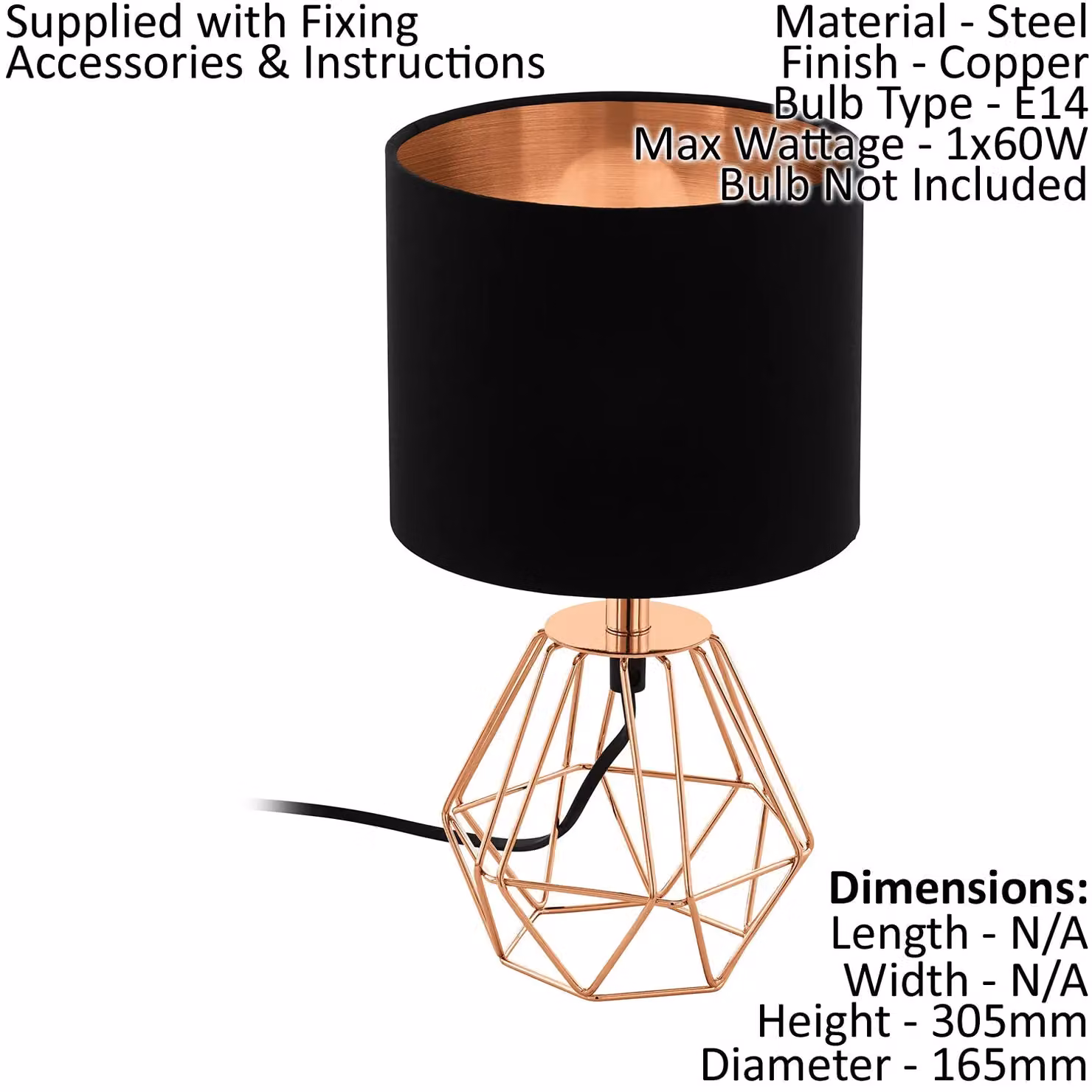 Loops 2 Pack Modern Table Lamps with Black Fabric Shades and Copper Metal Bases, E14 Bulb, 1x60W – 2