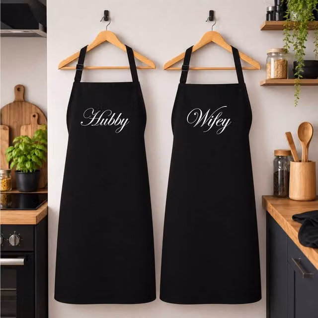 60 SECOND MAKEOVER Hubby Wifey Black Apron Set for Adults