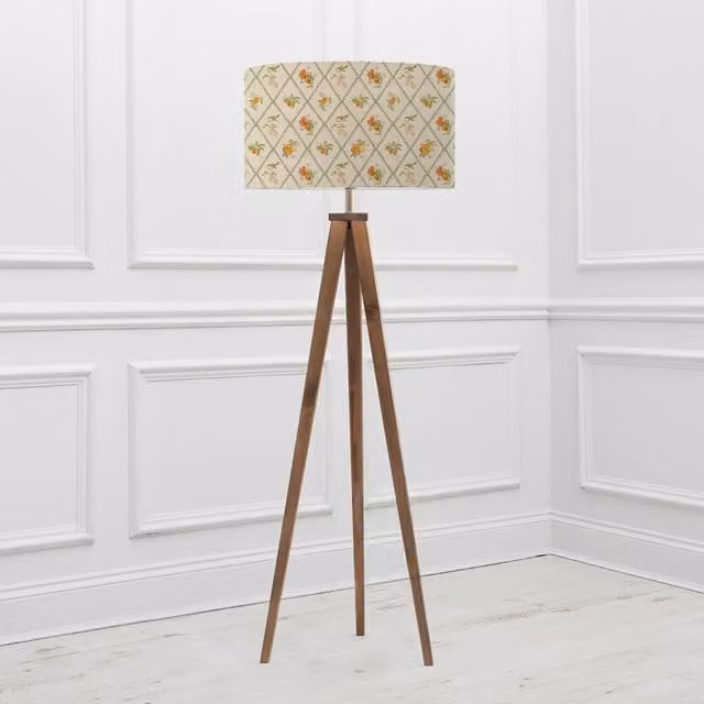 Voyage Maison Aratus Tripod Floor Lamp with Peach Trellis Cylinder Lampshade in Brown and Multicolour