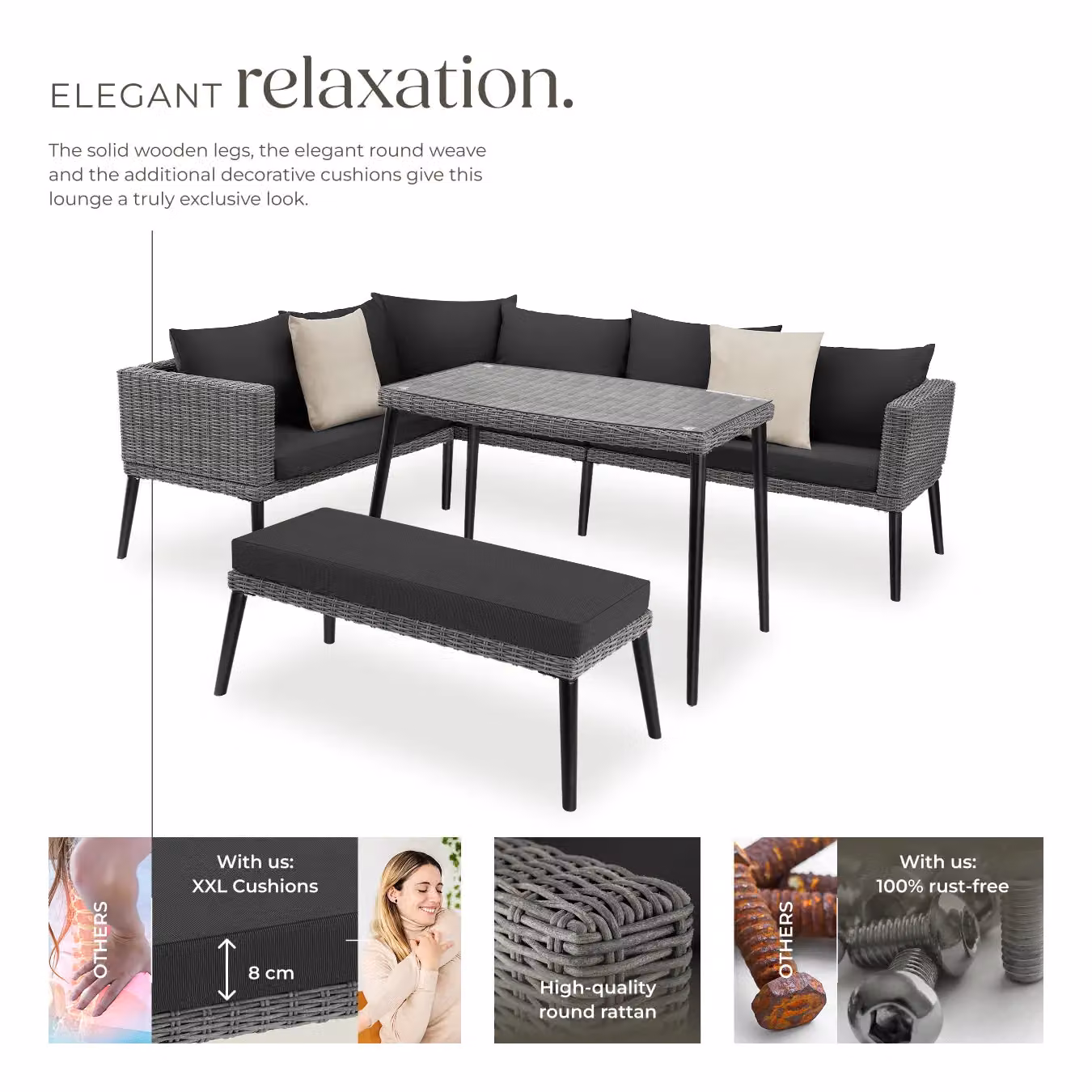 tectake Pula 4-Person Rattan Lounge Set with Powder Coated Aluminium Frame and Upholstered Cushions in Grey – 3