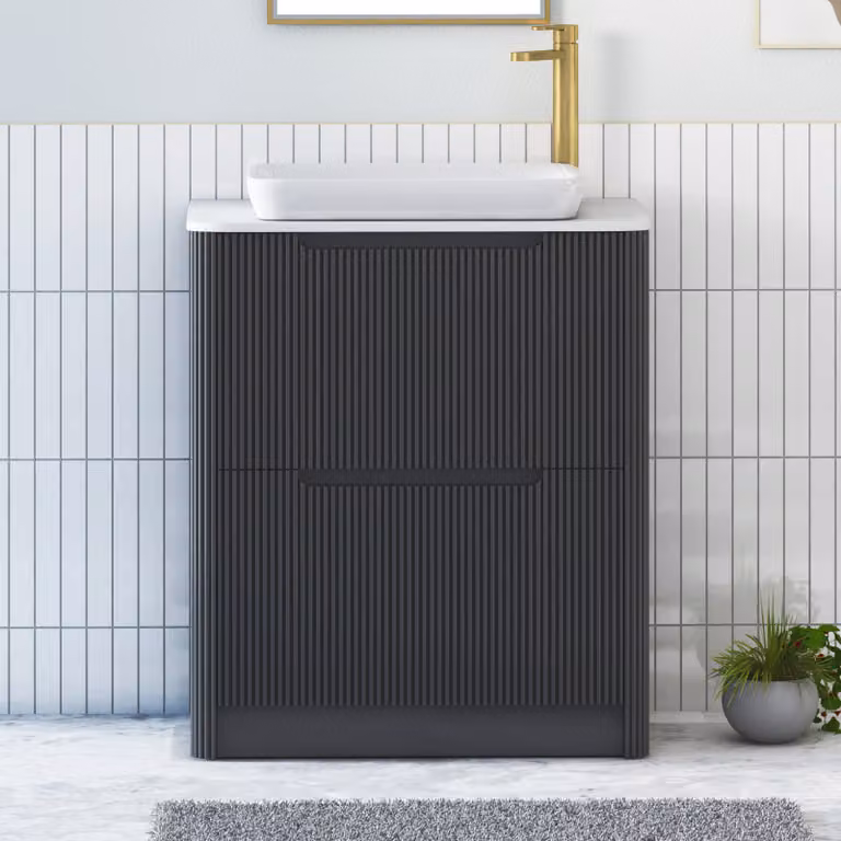 Royal Bathrooms Avenza Floor Standing Vanity Unit with Qubix Basin, Matt Obsidian Black and Plain White Worktop, Width: 60 cm