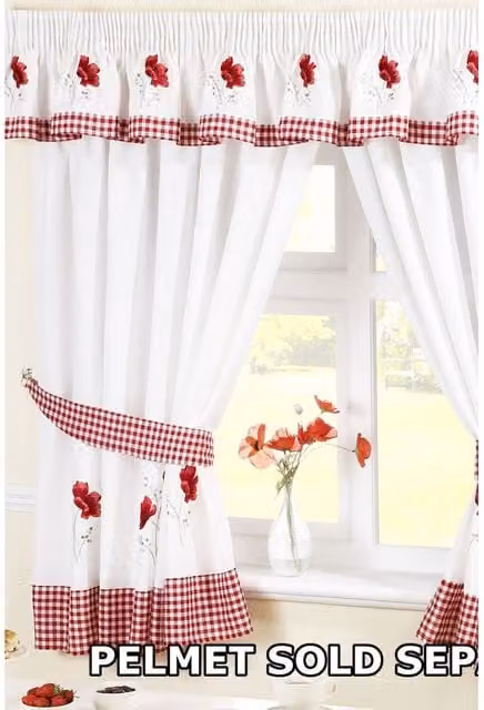 Alan Symonds Poppies Floral Pencil Pleat Curtains, White and Red, W: 137 cm, H: 168 cm