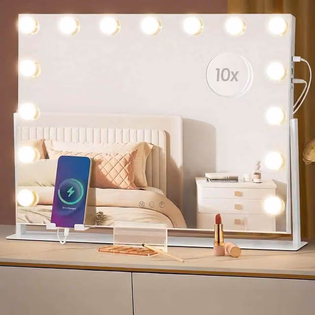 The Bazaarist LED Vanity Mirror with USB Charging Ports and Phone Holder, Matte White
