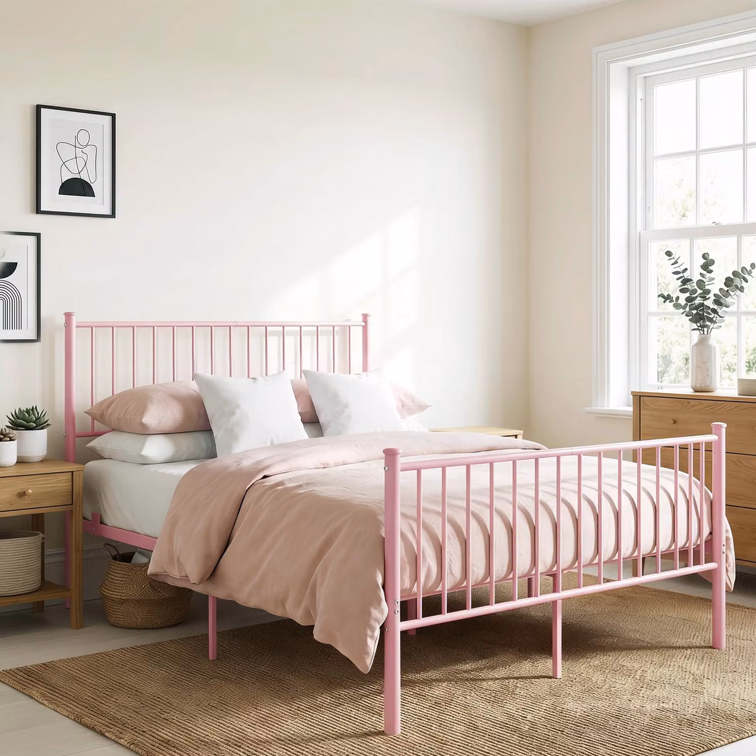 DHS Pink Lacquered Metal Vertical Bed Frame with High Headboard, W/D/H: 100 x 200 cm