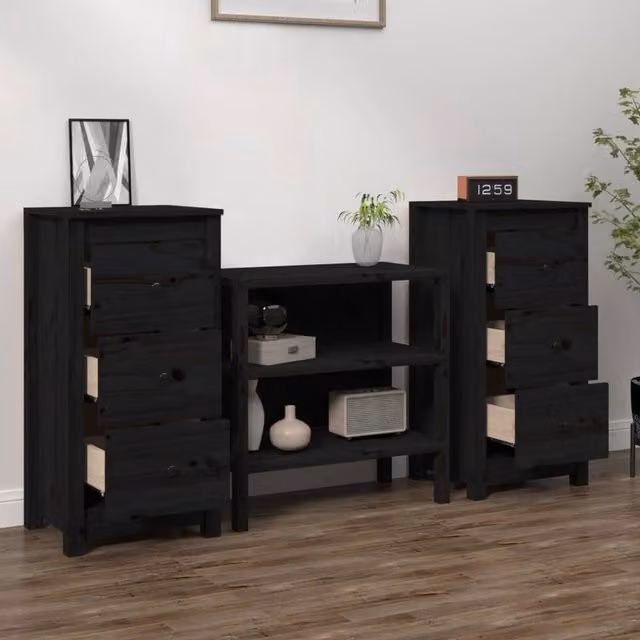 Berkfield Home Set of 2 Black Solid Wood Pine Sideboards, W/D/H: 40 x 35 x 80 cm – 1