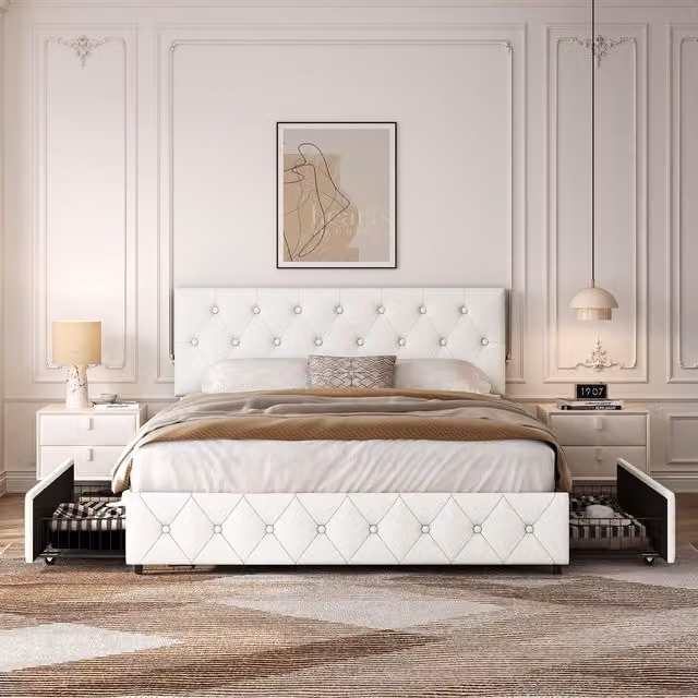 Yaheetech Faux Leather Upholstered Bed Frame with Storage Drawers, Beige/White, 180 x 200 cm