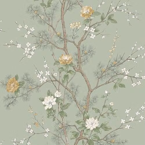 Belgravia Decor Bridget Delicate Floral Oriental Themed Matte Finish Wallpaper in Sage Green