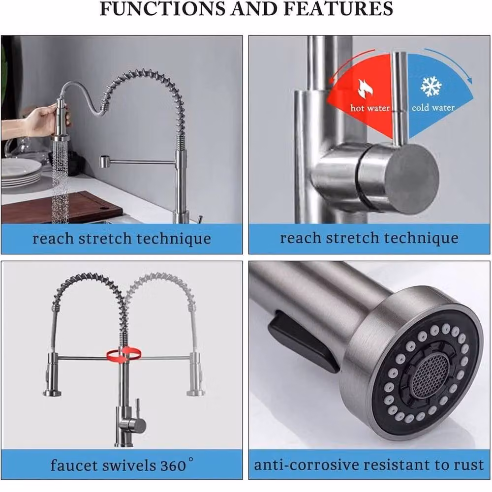 KORVIXA Single Lever Monobloc Kitchen Sink Mixer Tap with Pull Out Spout in Brushed Silver Stainless Steel W/D/H: 52.0 x 23.5 x 48.0 cm – 2